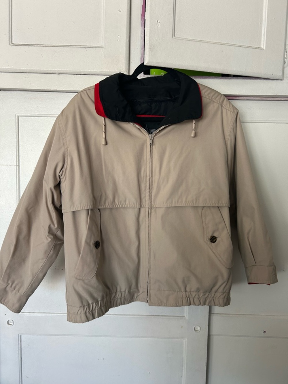 London Fog Beige Jacket with Black & Red Collar